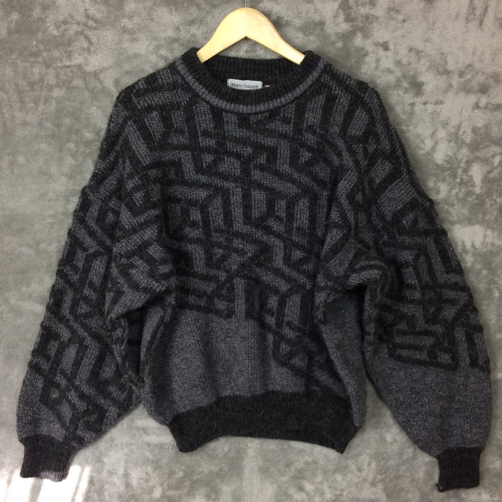 Vtg Marco Gazzetti Sweater Mens Large Wool Alpaca Knit Boxy Grey Geometric Italy